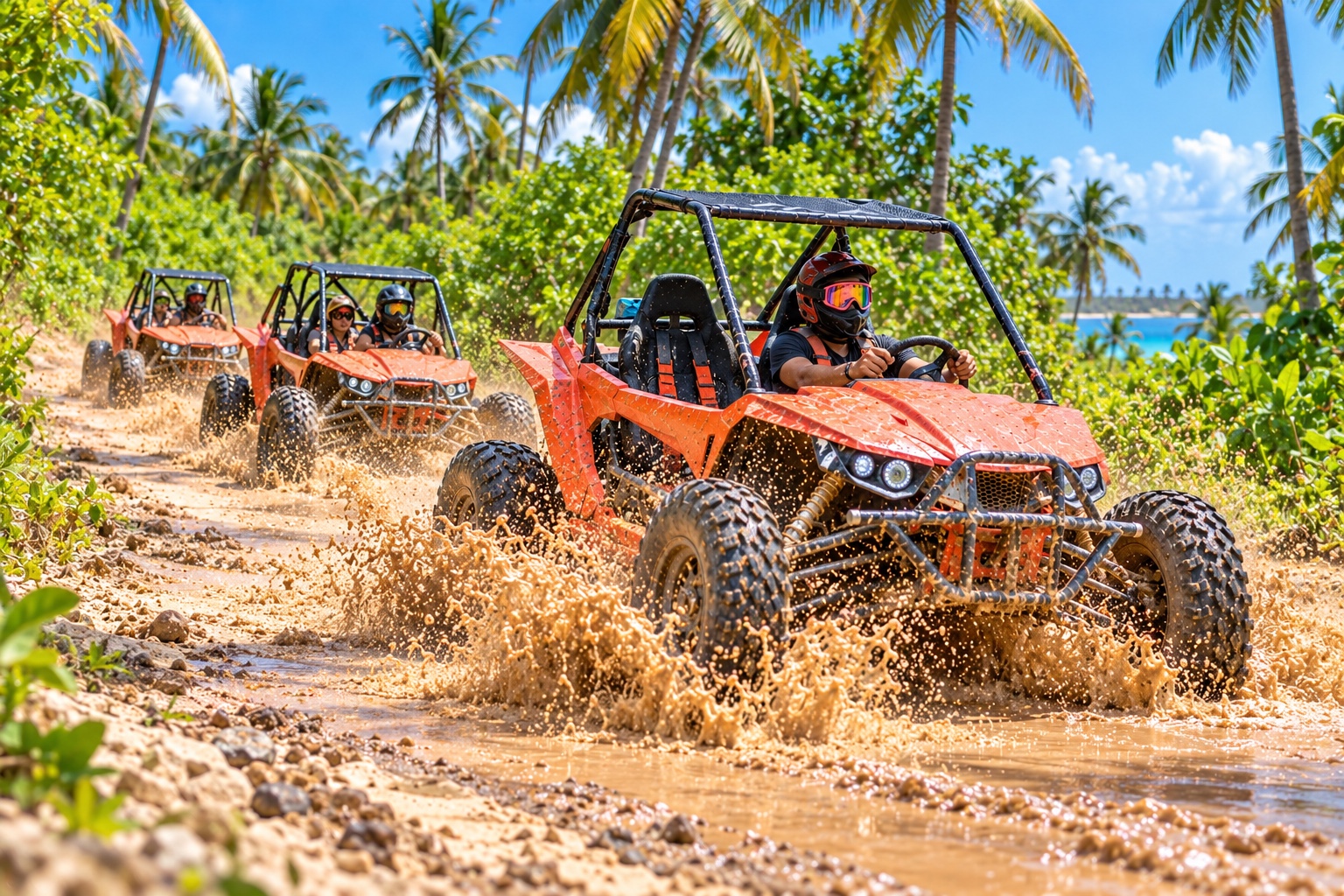 Buggy naranja cruzando un charco en un sendero tropical