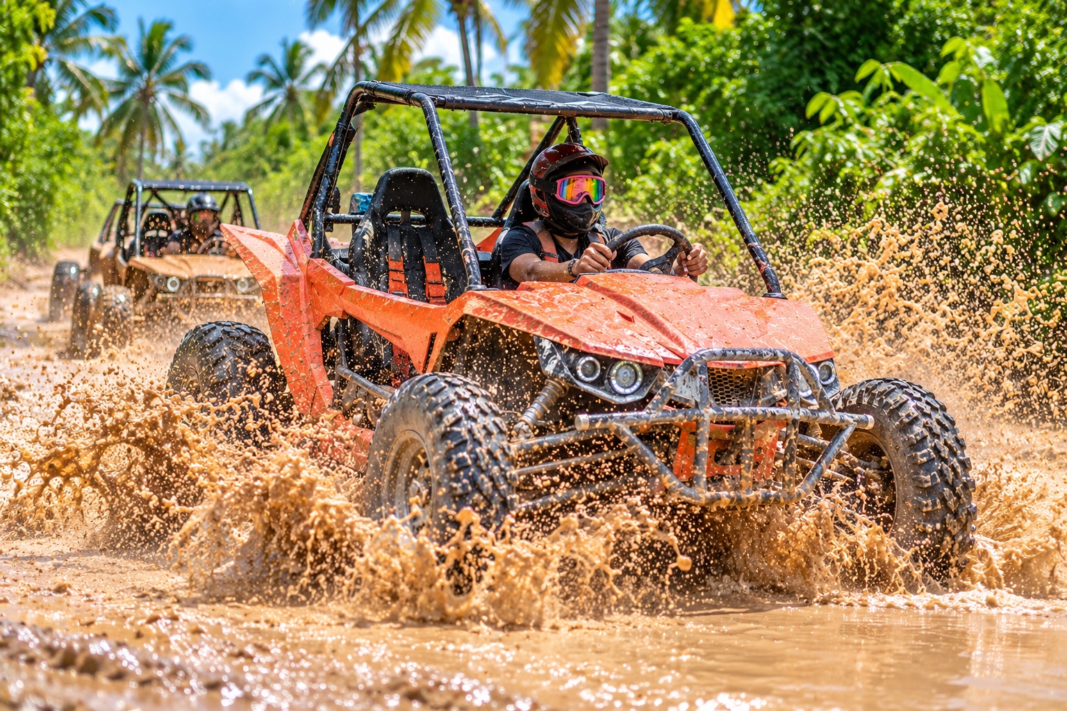 Buggy levantando agua al pasar por un charco