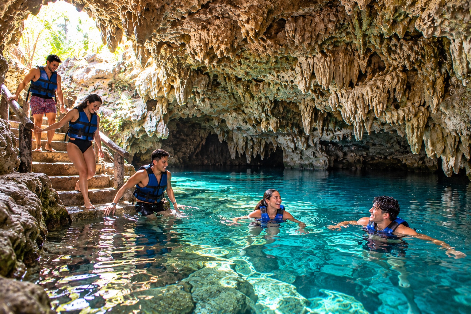 Excursionistas disfrutando de una cueva de agua cristalina