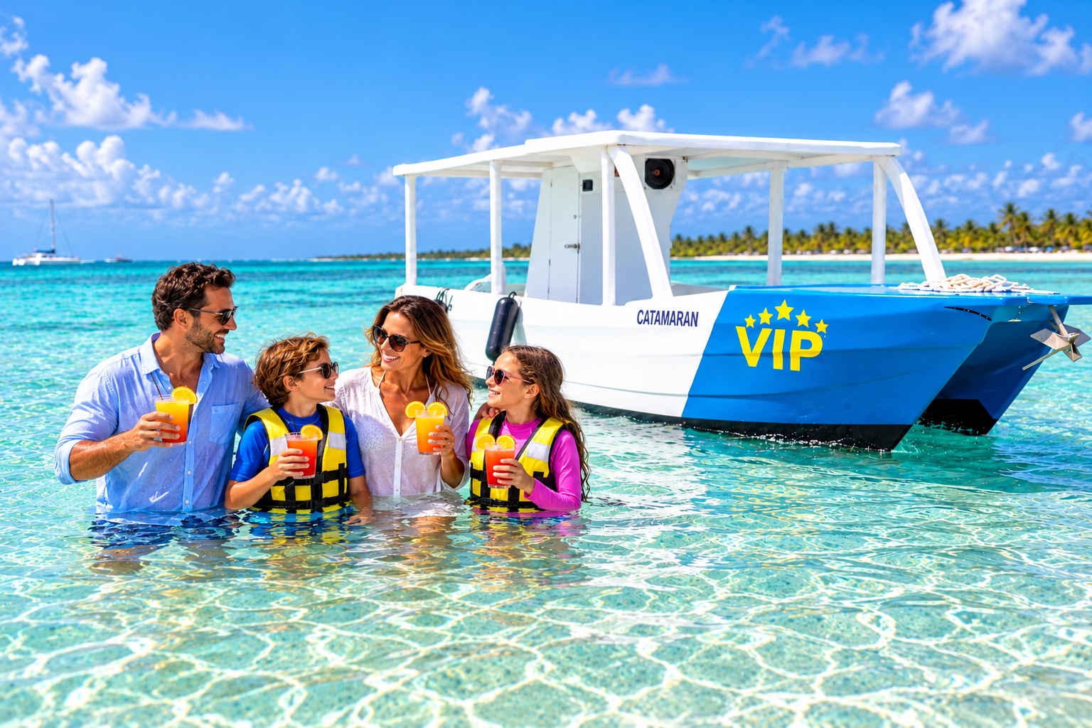 Familia con niños disfrutando la piscina natural junto al barco