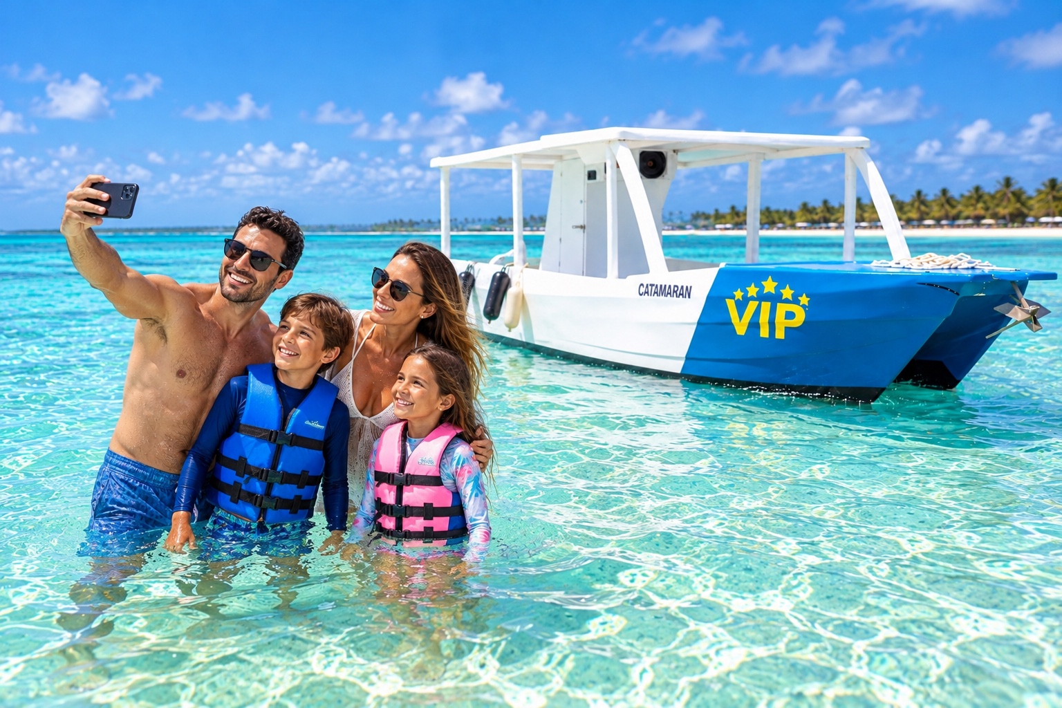 Familia tomándose una foto durante su excursión en la piscina natural