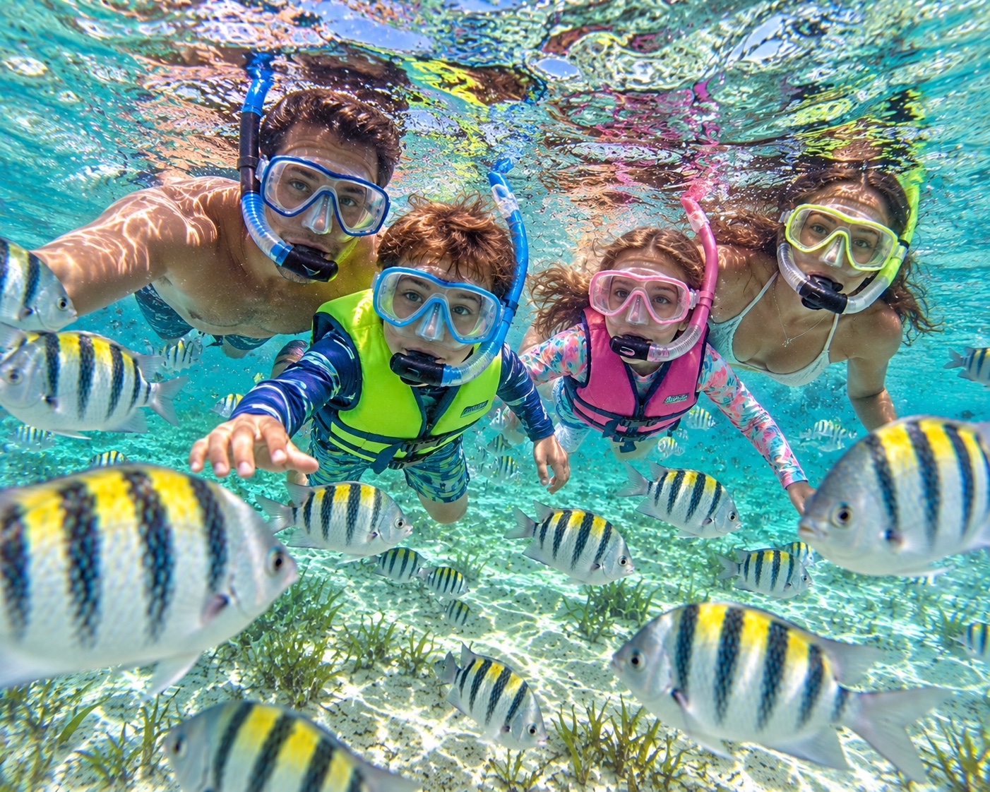 Familia nadando con máscara y snorkel entre peces del Caribe
