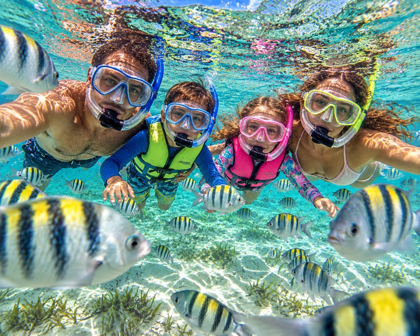 Familia practicando snorkel entre peces tropicales
