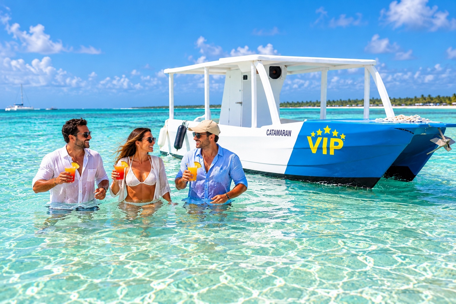 Pasajeros disfrutando bebidas junto al Glass Bottom Boat en la piscina natural