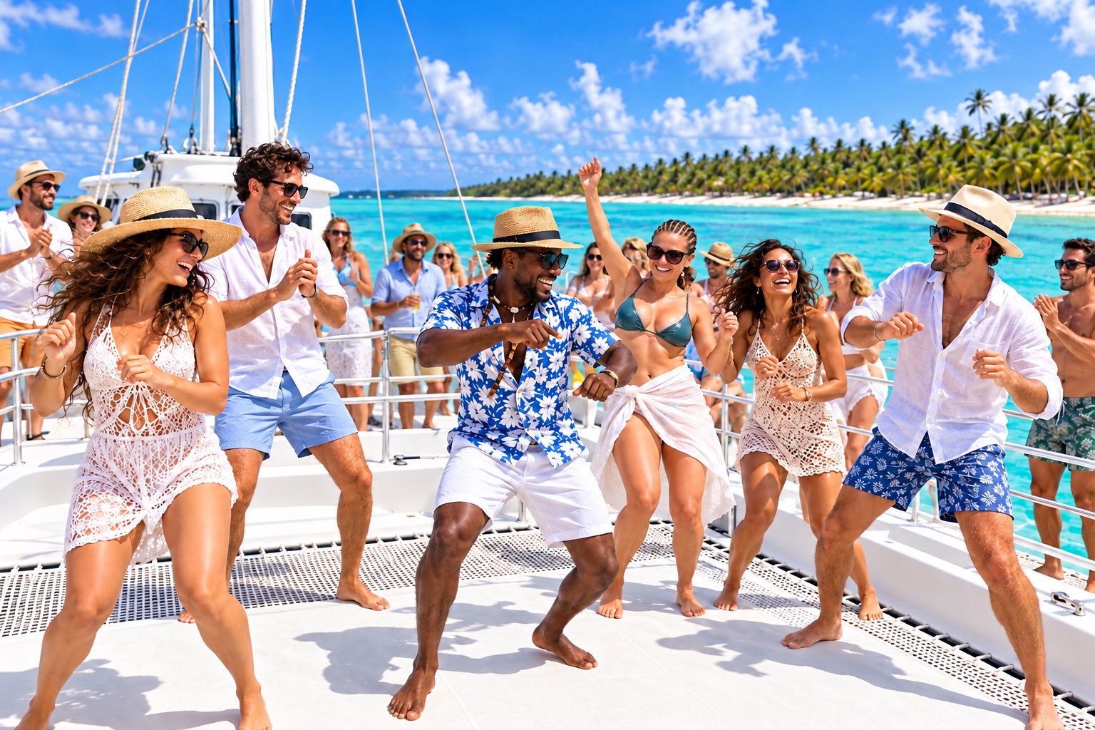 Pasajeros bailando a bordo de un catamarán frente a una playa de palmeras en Punta Cana