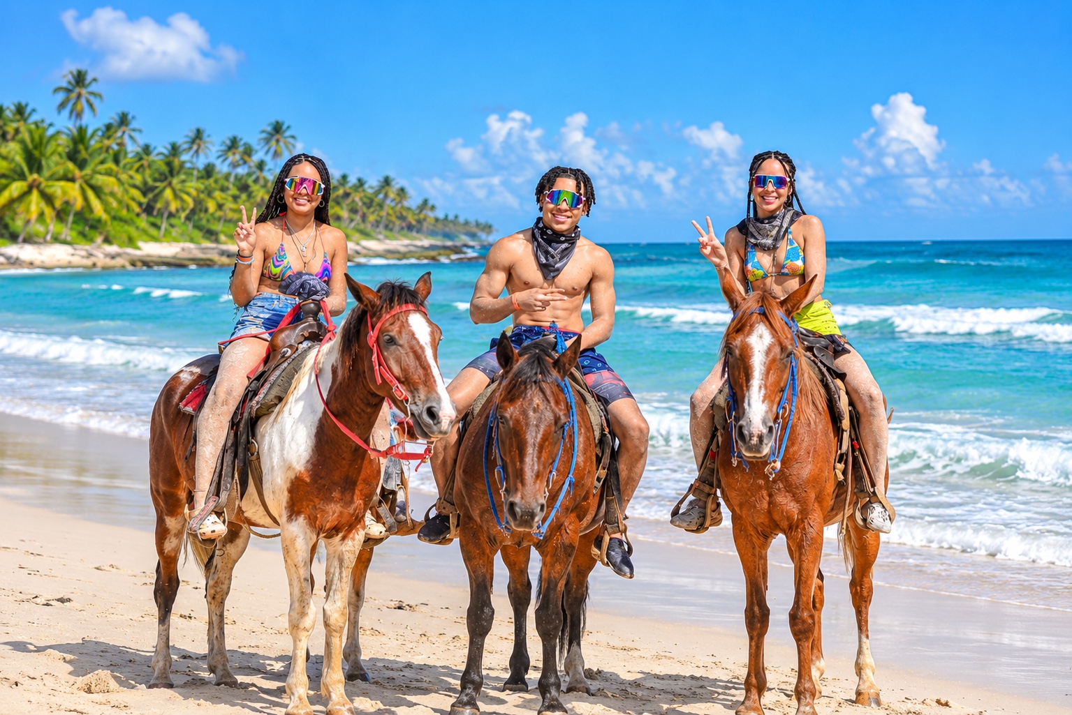 Tres jinetes cabalgando junto a la playa de Punta Cana