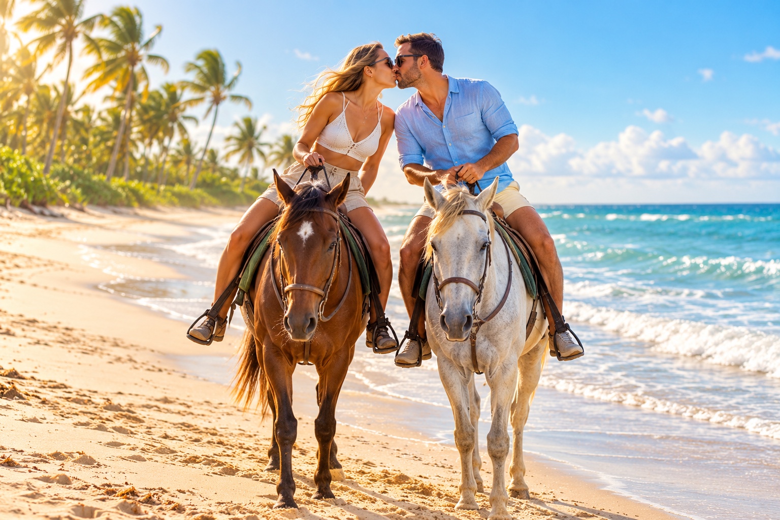 Pareja montando a caballo por la orilla del mar