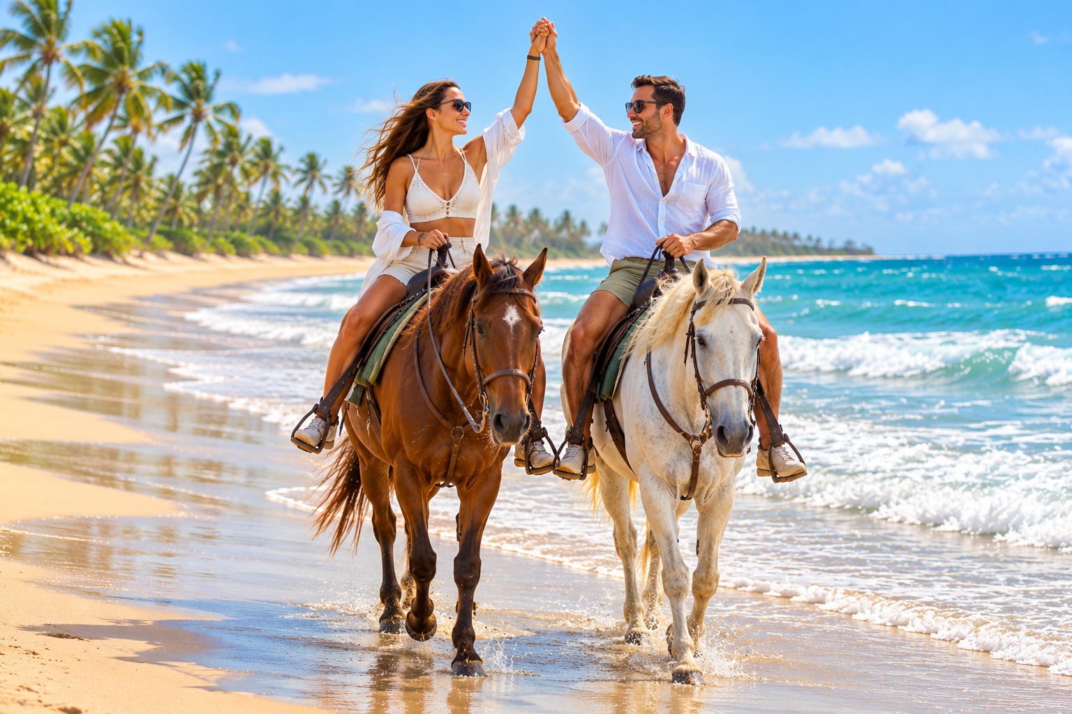 Pareja celebrando durante su paseo a caballo por la playa
