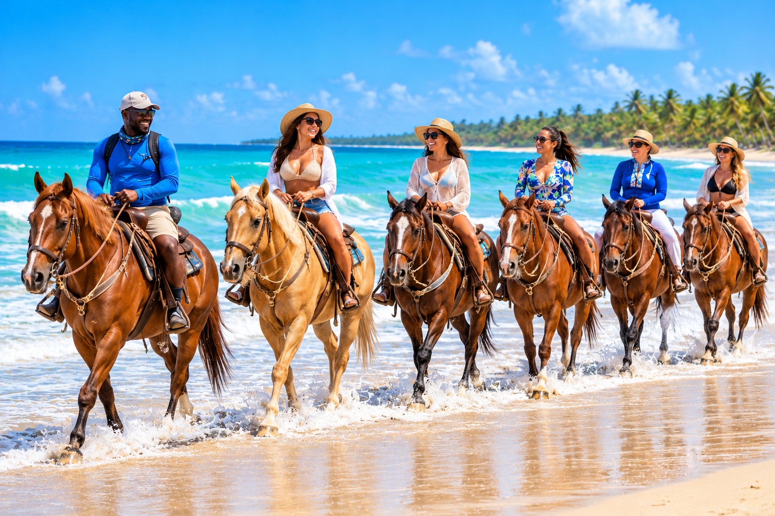 Grupo de jinetes disfrutando una cabalgata por la costa