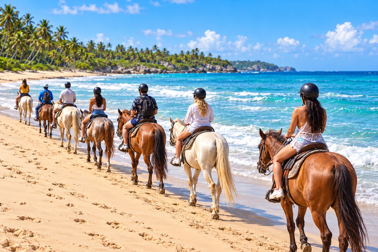 Cabalgata en fila por la playa de Punta Cana