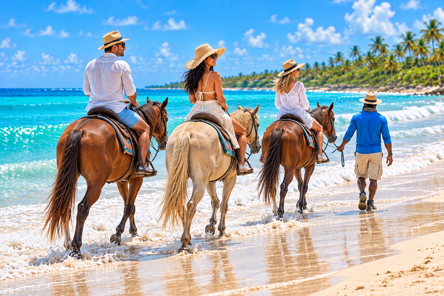 Viajero recorriendo a caballo la costa tropical