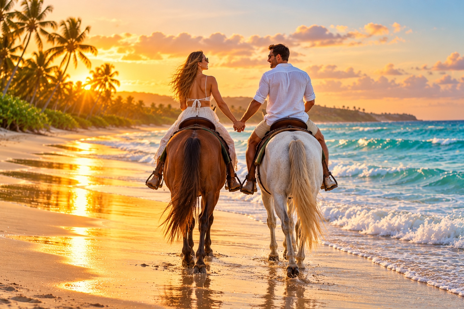 Pareja cabalgando hacia el atardecer en una playa caribeña