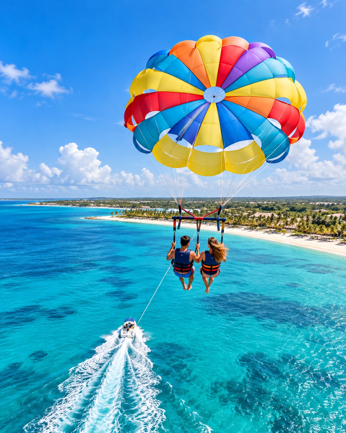 Pareja volando en parasailing sobre el mar turquesa de Punta Cana