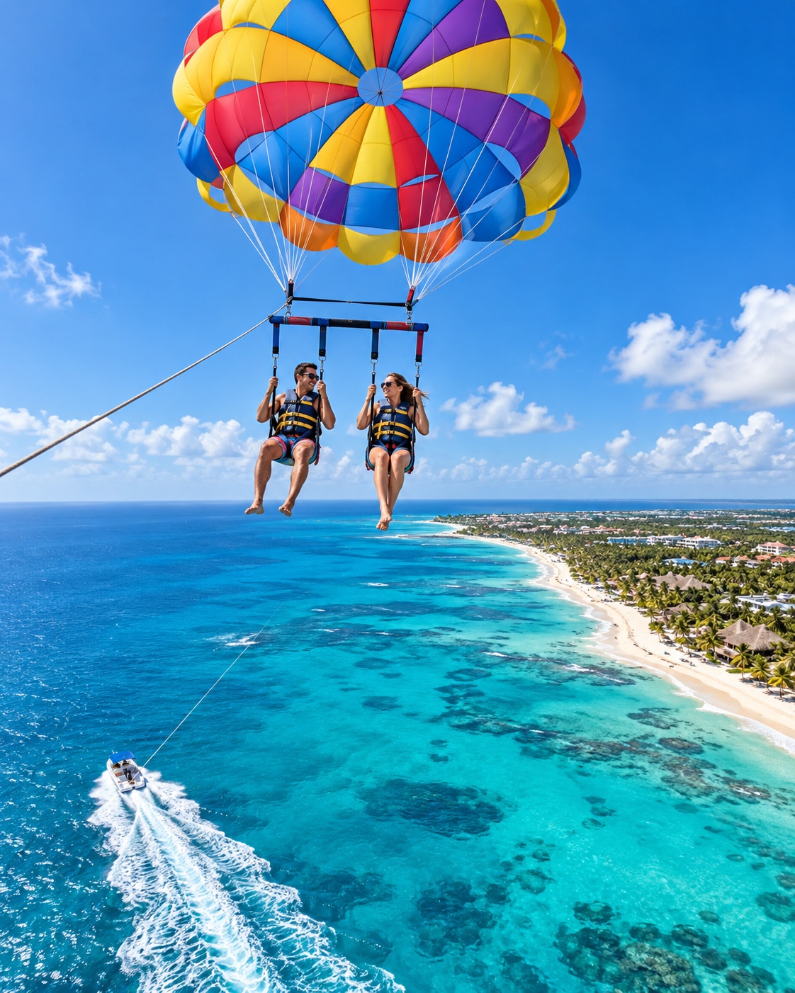 Vista aérea de una pareja en parasailing sobre la costa caribeña