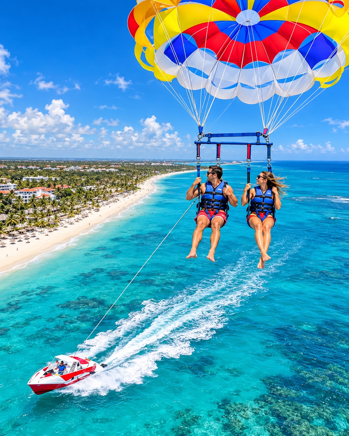 Pareja disfrutando el vuelo en parasailing junto a la costa