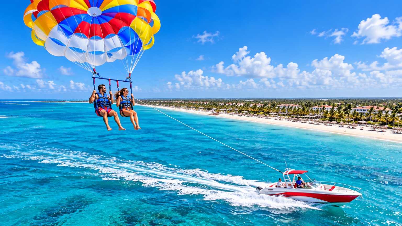 Parasailing y lancha sobre las aguas turquesas de Punta Cana