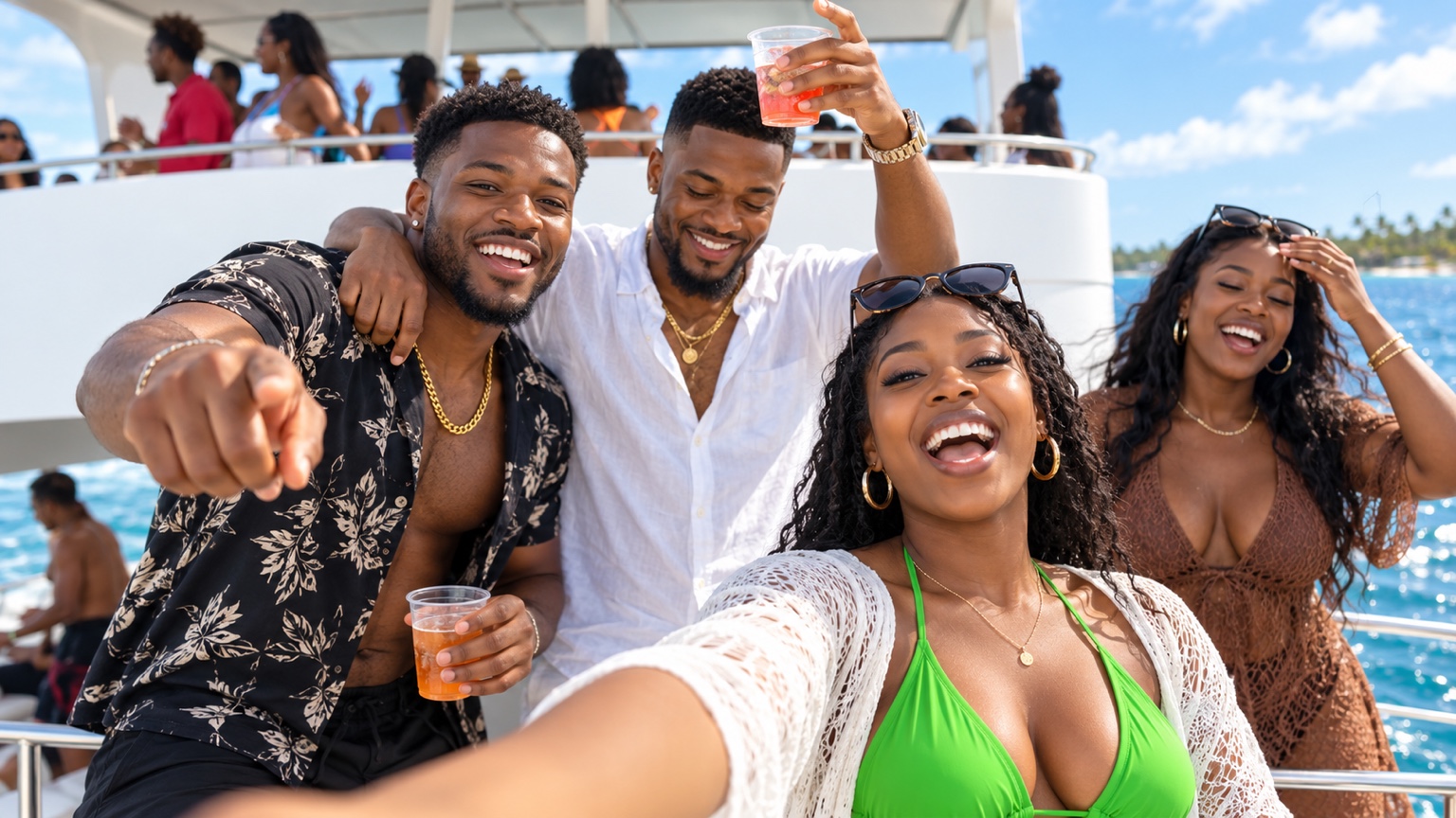Grupo de viajeros brindando y celebrando a bordo del Party Boat