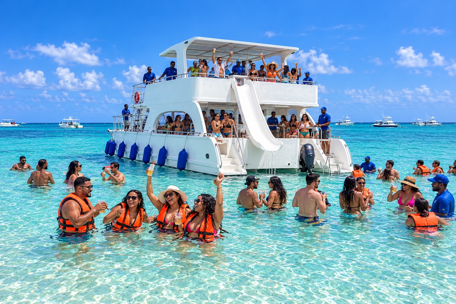Visitantes disfrutando junto al catamarán y el tobogán en aguas turquesas