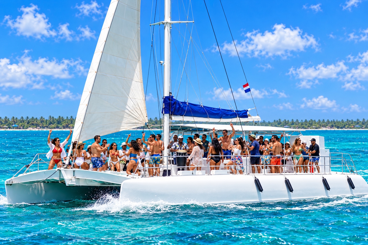 Catamarán navegando por las aguas poco profundas de Isla Saona