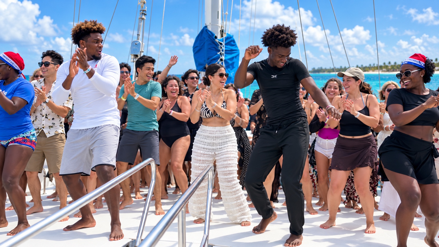 Grupo de viajeros disfrutando a bordo de un catamarán
