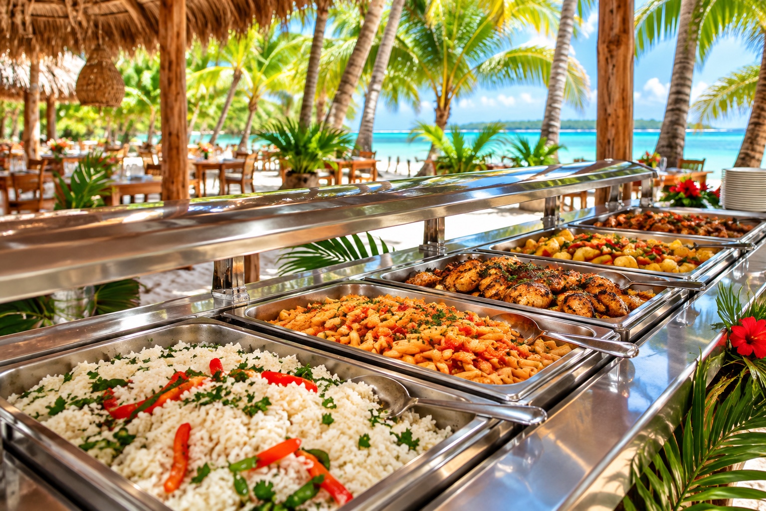 Buffet de comida dominicana bajo las palmeras