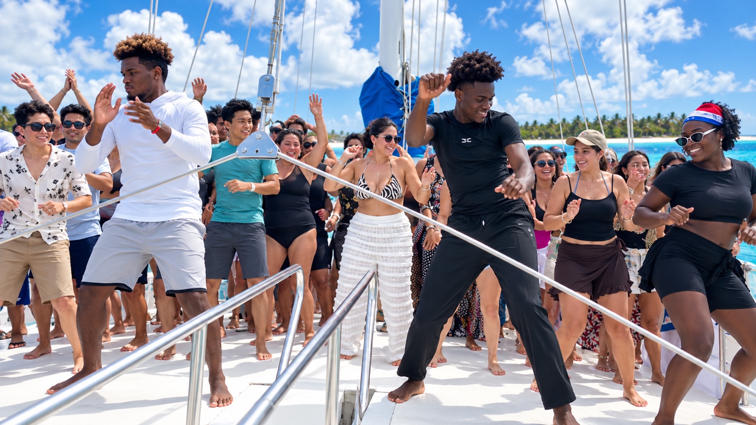 Grupo de viajeros disfrutando de la música en el barco