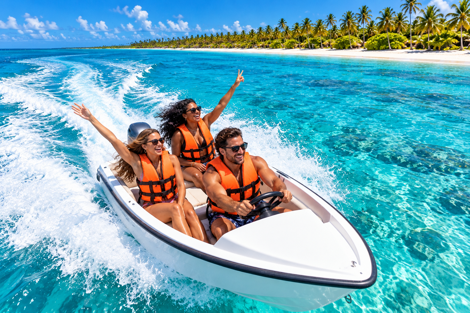 Tres pasajeros recorriendo el mar turquesa en speed boat